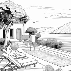 mediterranean beach house with a pool and an ocean view  a woman is reading amongst the foliage