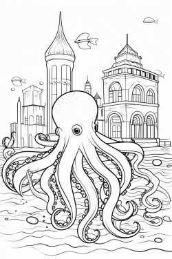 underwater city and friendly octopus