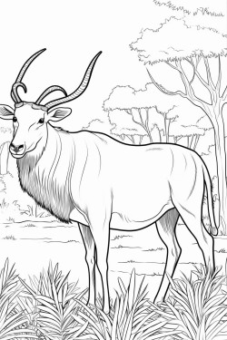 a tamaraw standing in a clearing in a forest with tall trees and shrubs around it