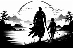 man and son walking into the sunset shadows portray samurai silhouette