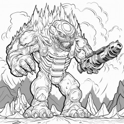 a monster made of lava shooting a lava minigun