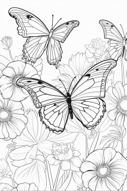 fill the page with butterflies and different varieties of flowers all varying in different sizes
