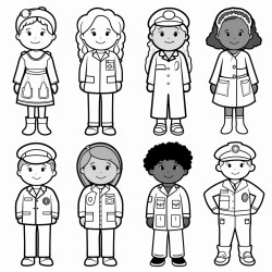 a community workers coloring page that includes a teacher astronaut doctor nurse postman firefighter chef astronaut and police officer