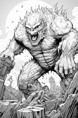 a monster made of lava shooting a lava minigun