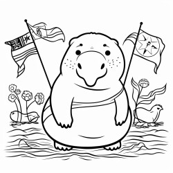 a cartoon manatee surrounded by flags from south american countries