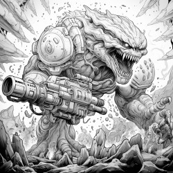 monster made of lava shooting a lava minigun