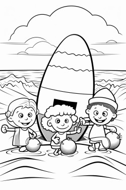 draw a friendly avocado family at the beach with one avocado surfing on a wave while another builds a sandcastle