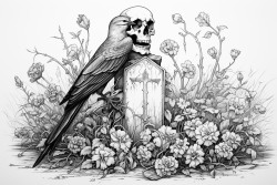 tombstone aged with raven cross lily of the valley skull
