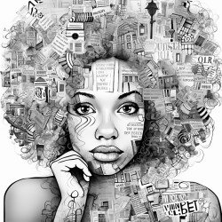 african american woman in the city surrounded by chaotic words