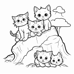 a bunch of cas on a rock in a holllow with four oaks around the hollow and 4 cats on the rock
