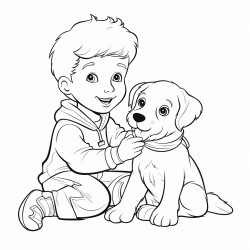 black and white coloring book drawing only thick outlines no grayscale of a child playing with a dog