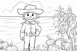 a scarecrow in a field the field on the bottom has some corn leaves and pumpkins