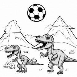 dinosaurs playing soccer in front of a volcano