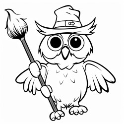 an owl wearing a witchs hat riding a broomstick