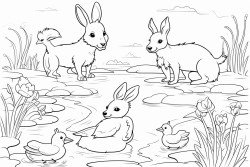 animals in the park a bird a cat a dog a frog a horse a fish in a pond a rabbit