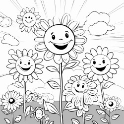 smiling flowers in a field whimsical