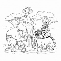 safari animals in action coloring book page clear thick outlines