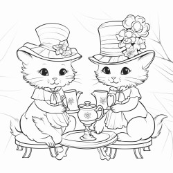 cat tea party wearing pretty dresses and sun bonnets