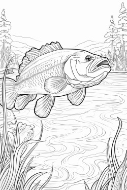 largemouth bass jumping from the water with lilly pads on the water and forest in the background