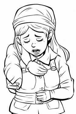 a poor girl that is held hostage by a soldier the girl has her hands tied behind her back and a tape on her mouth