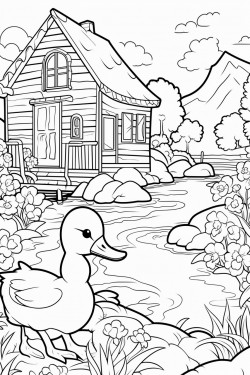 a duck in switzerland landscape with a quaint stone house surrounded by flowers wooden dock extending into a lake