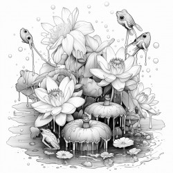 gothic flowers raining into pond with frog and water lily and fireflies