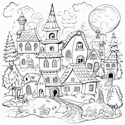 a whimsical village scene with charming houses and the enchanted forest in the background