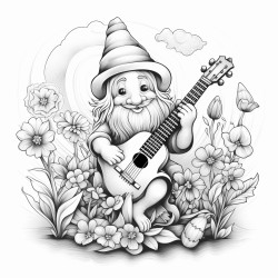 a whimsical garden gnome playing a ukulele under a rainbow