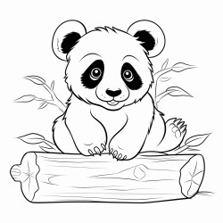 a baby panda on a small log black and white sketch bold outline