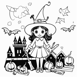 can you please create a colouring in with a witch and bats at the airport