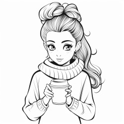 beautifull girl with hairbun and cozy shirt a coz coffee latte