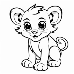 a cute baby lion sitting with its tail curled around its body simple and bold lines 85 x 11 inches 300 dpi