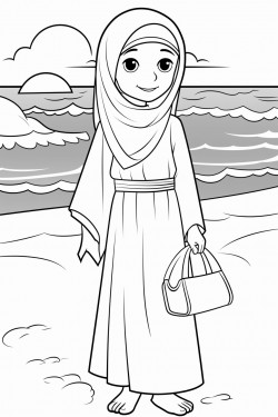 summer coloring pages of a hijabi girl at a beach wearing a burkini