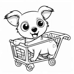 cute dog pushing a shopping cart at the supermarket