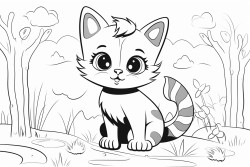 black and white coloring book drawing only thick outlines no grayscale for kids cartoon style cat forest
