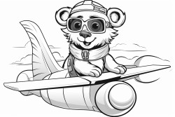 a lion mascot flying in a biwing airplane wearing aviation goggles