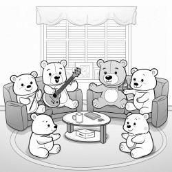 illustration a group of teddy bears sitting in a circle discussing their band plans with a teddy bear holding a notepad background a cozy living room with musical posters on the walls and a coffee table with snacks