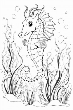 a seahorse floating gracefully among seaweed and bubbles