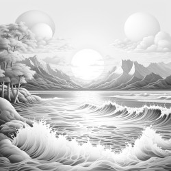 sunrise over ocean and mountains