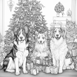 2 australian shepherds and 6 cats hanging out with a christmas theme