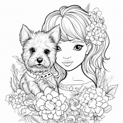 beautiful doll with flowers flowing hair ribbons with a cute scottish terrier and patterdale terrier