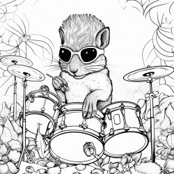 squirrel with sunglasses on playing the drums with a psychedelic background