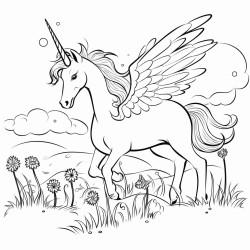 unicorn with wings majestically eating grass in a meadow