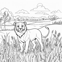 vibrant savannah scene around the lion  tall grass  sky