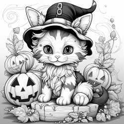 cute halloween scene cat with hat sitting on a big carved pumpkin detailed