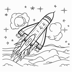 a mischievous spaceship zooming through a starry sky leaving a trail of smoke