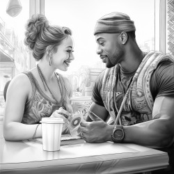 muscular african american man with a beautiful curvaceous caucasian woman having coffee at a coffee shop
