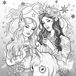 two tarotloving witches with background of unicorns and glitter