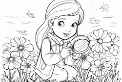 little girl looking through a magnifying glass at flowers all around her