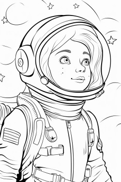 a girl in an astronaut costume looking up at the sky